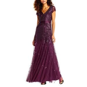 Adrianna Papell Beaded Sequin Maxi Dress Y2K Prom Gown XS Purple Formal Event